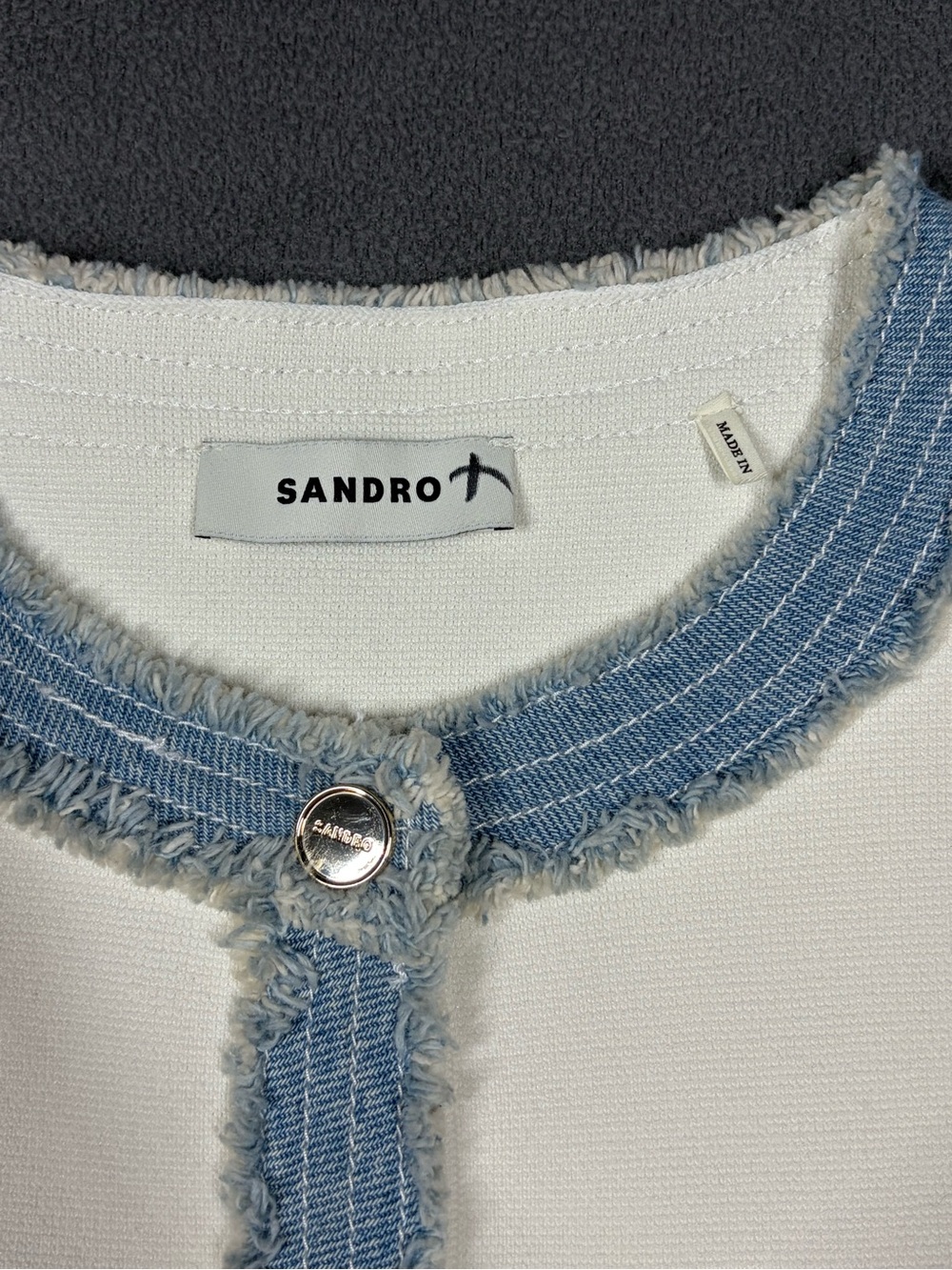 Sandro White Sleeveless Knit Dress with Light Blue Denim Trim - Picture 2 of 16